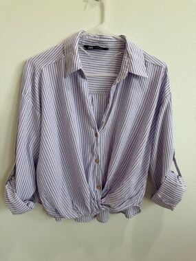 Zara Lavender & White Striped Tie-Front Button Shirt